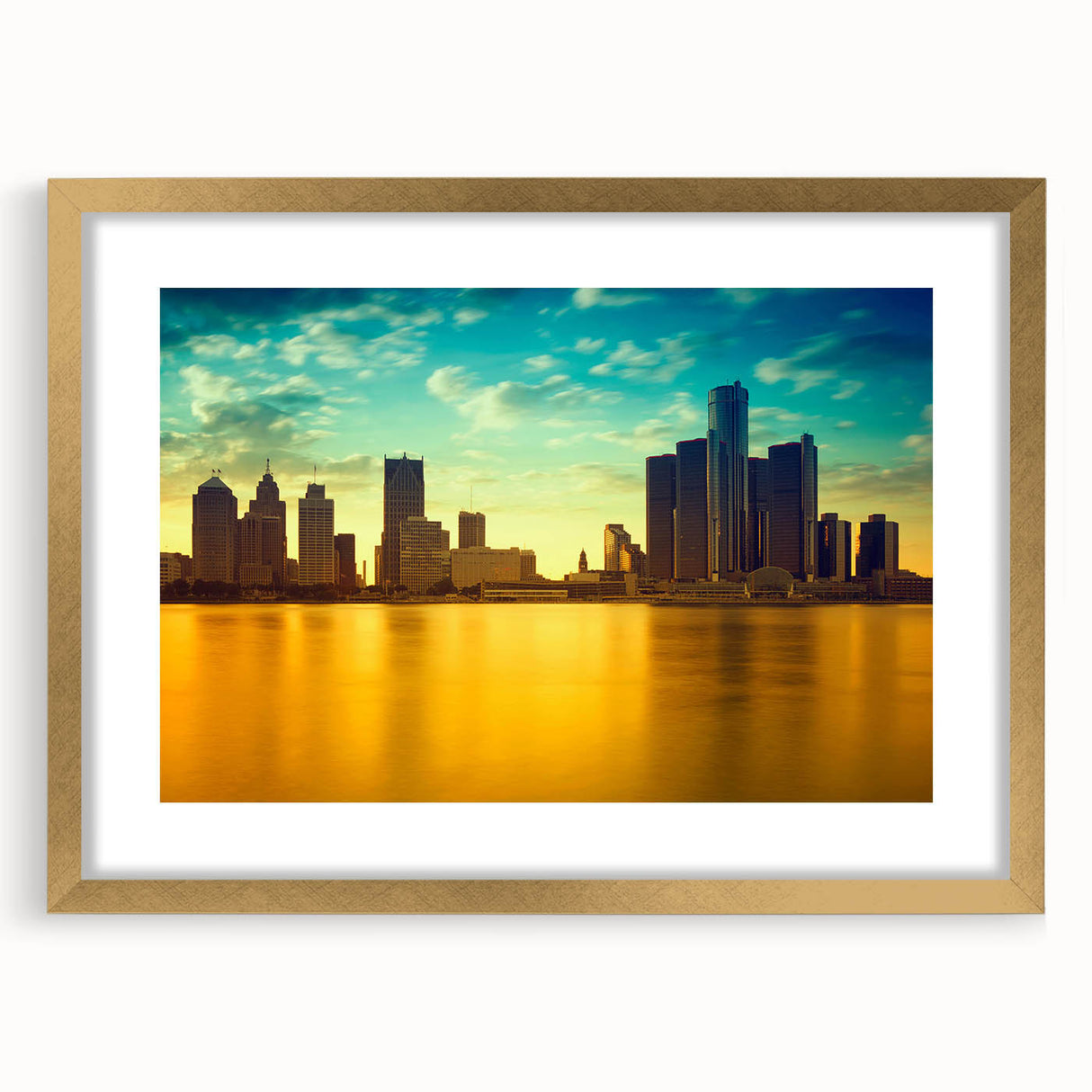 Extra large abstract art print of Detroit skyline in muted gray and blue tones on a textured canvas.