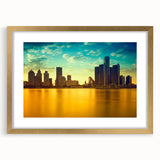 Extra large abstract art print of Detroit skyline in muted gray and blue tones on a textured canvas.