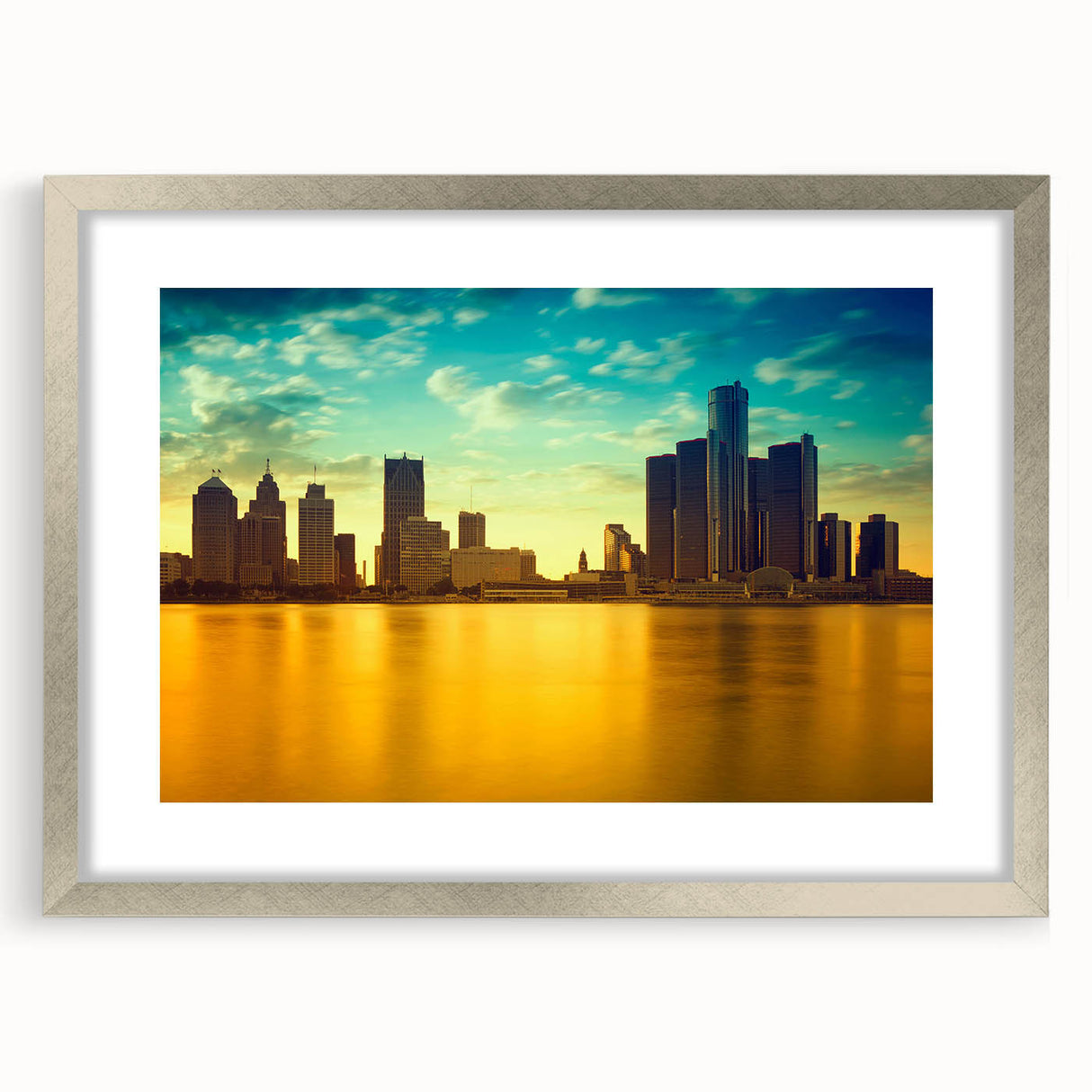 Textured abstract art print of Detroit skyline in muted gray and blue tones, framed in silver, ideal for bedroom wall decor.