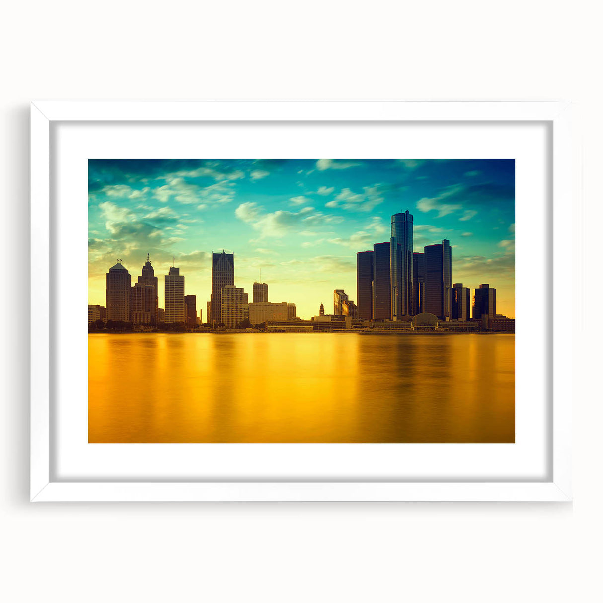 Abstract art print of Detroit skyline in muted gray and blue tones on a white framed canvas, suitable for dining room decor.