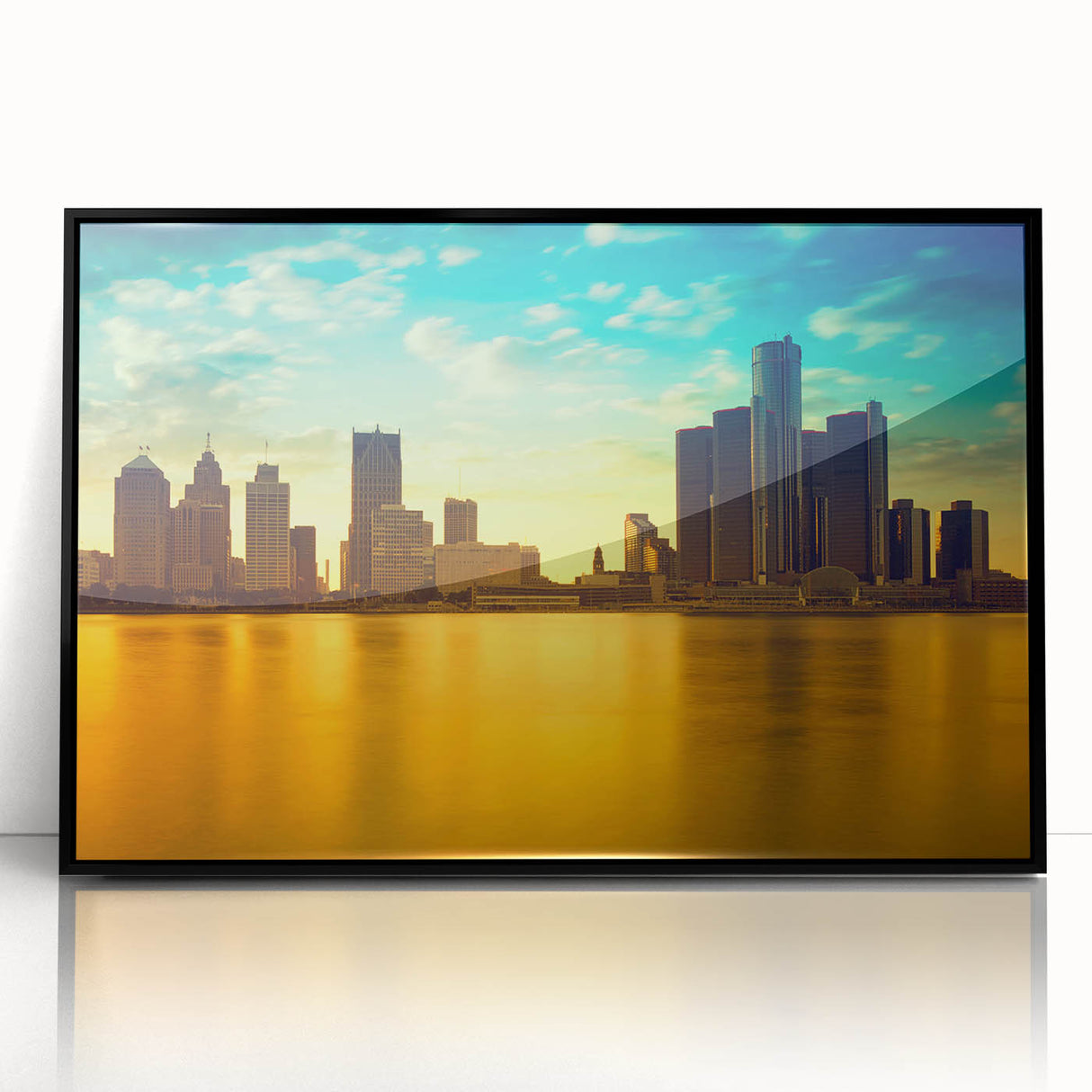 Large abstract wall art depicting Detroit's skyline in muted black and gray tones on a framed acrylic.