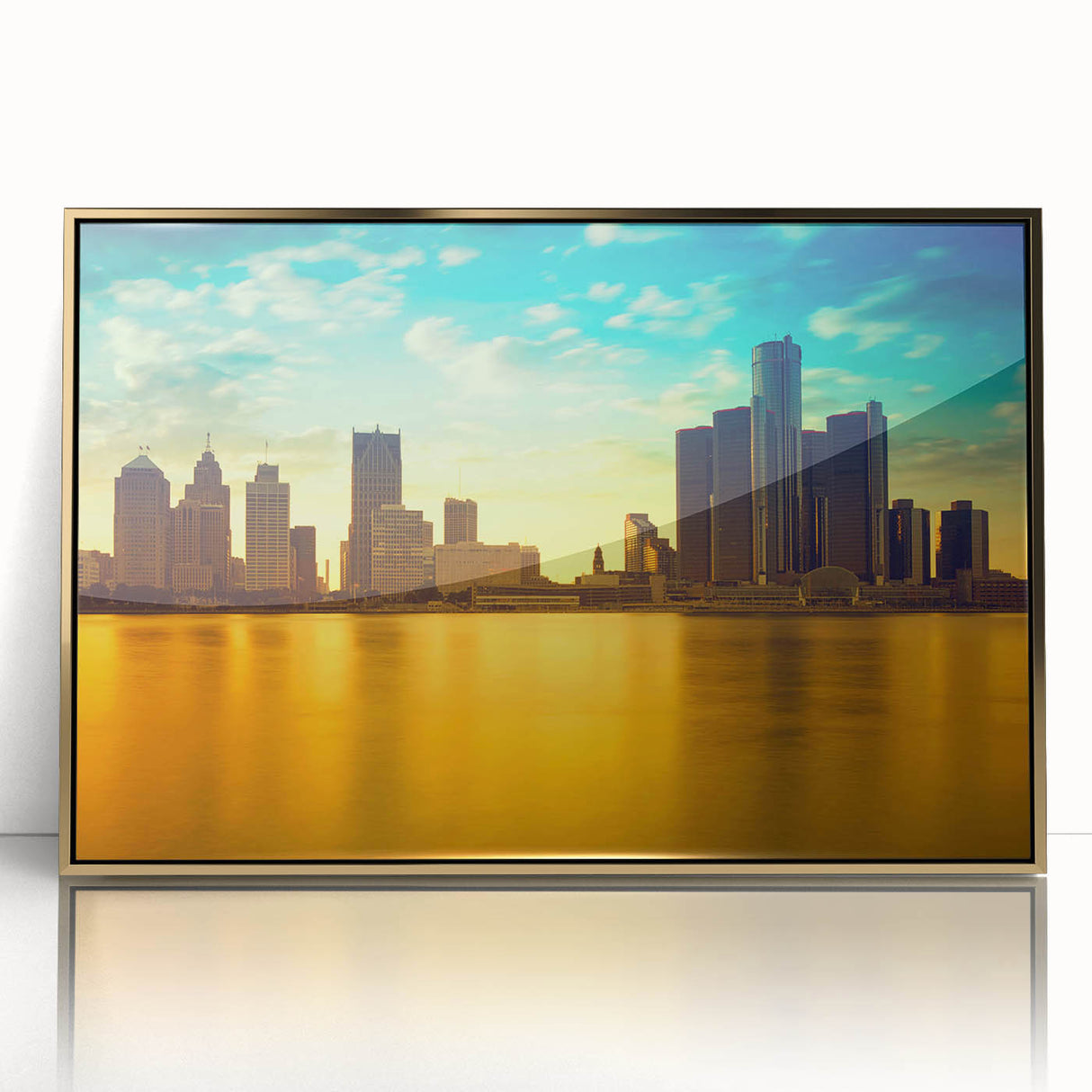 Large art print of Detroit skyline in muted gold hues on a framed acrylic, ideal for modern art wall decor.