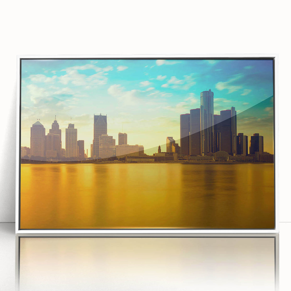 Art deco style poster of Detroit skyline in muted gray and blue tones, acrylic print framed in white.