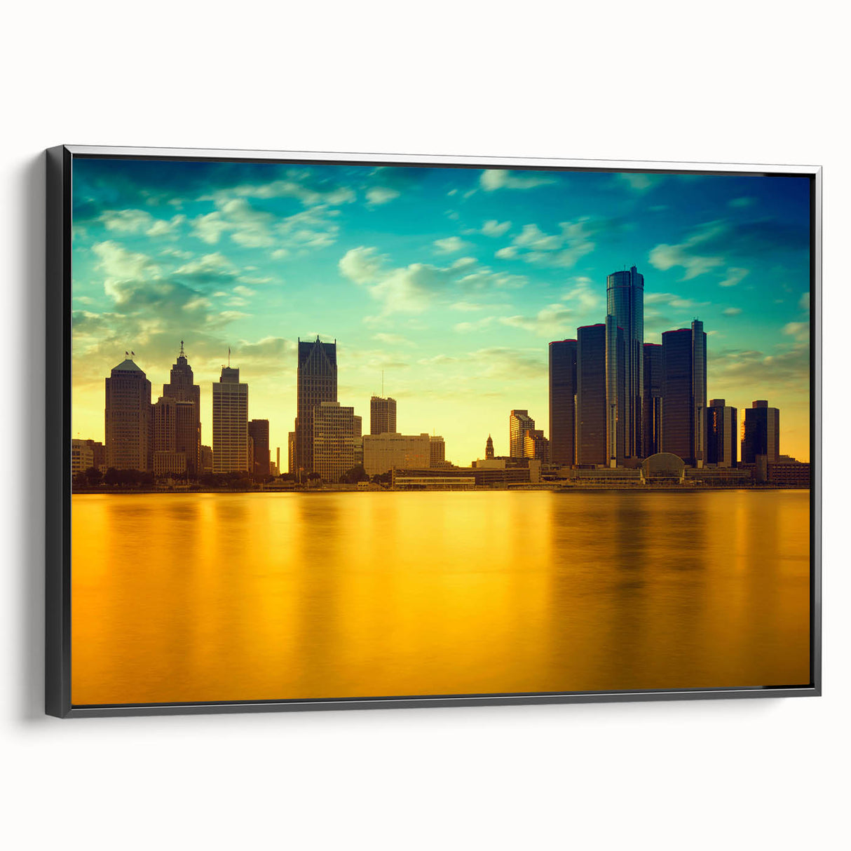 Black and white framed canvas of Detroit landscape in vintage poster style, ideal for bedroom wall art.