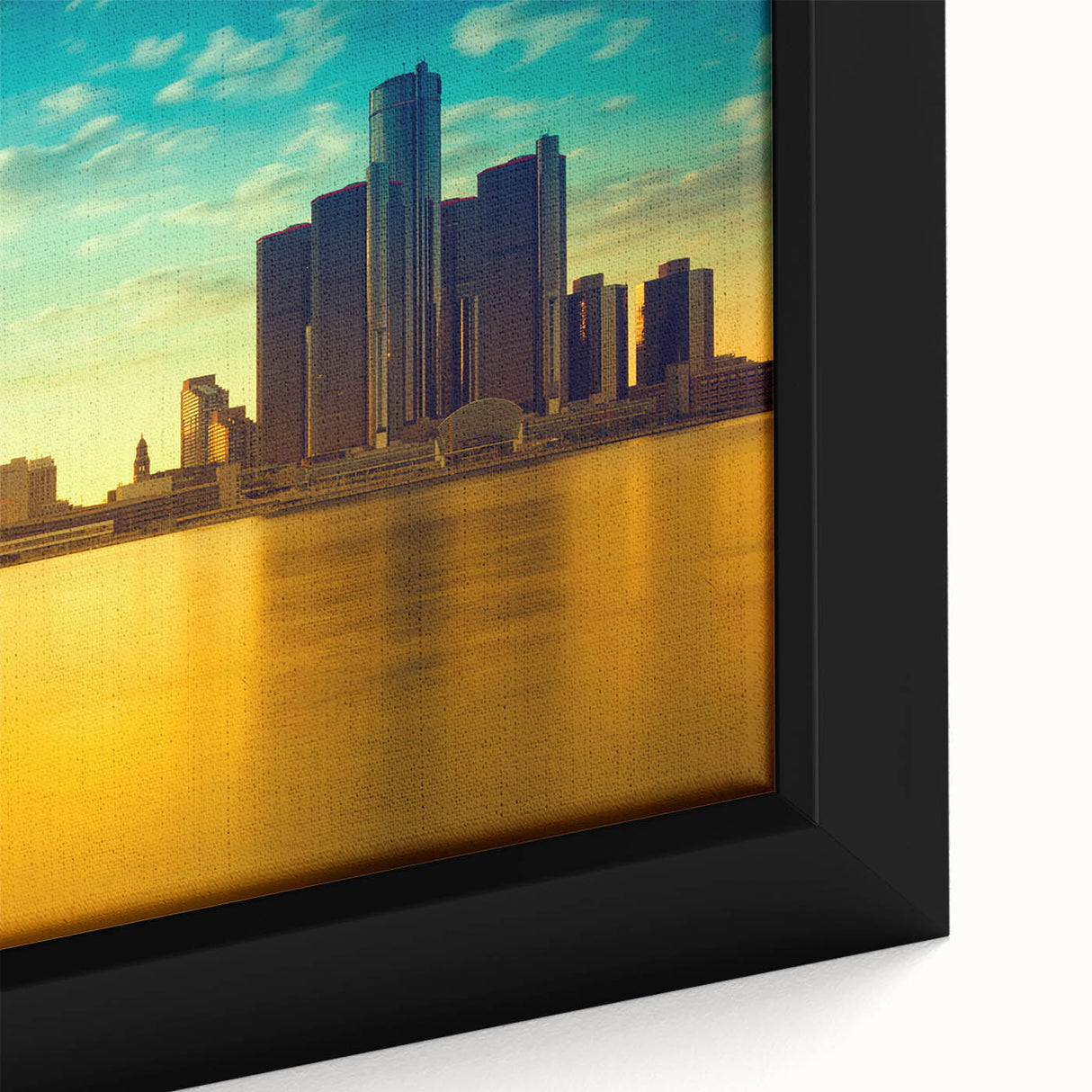 Black wall art featuring a textured, colorful abstract design of Detroit on a large framed canvas.