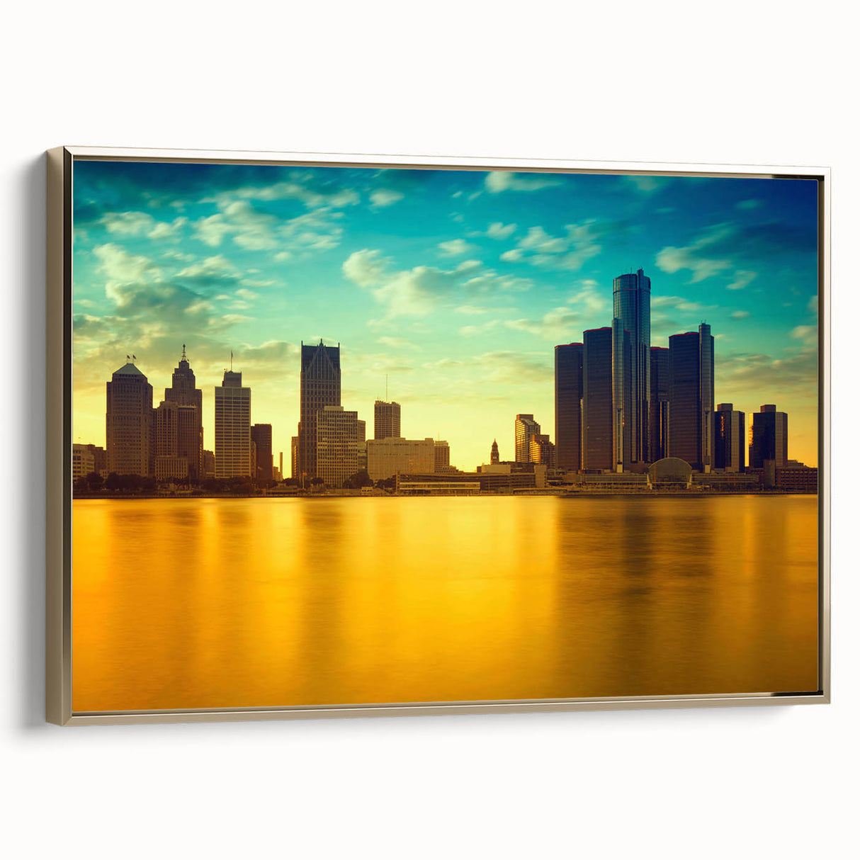 Framed canvas depicting a vintage-style Detroit landscape in muted gold and black tones, suitable for bedroom wall art.