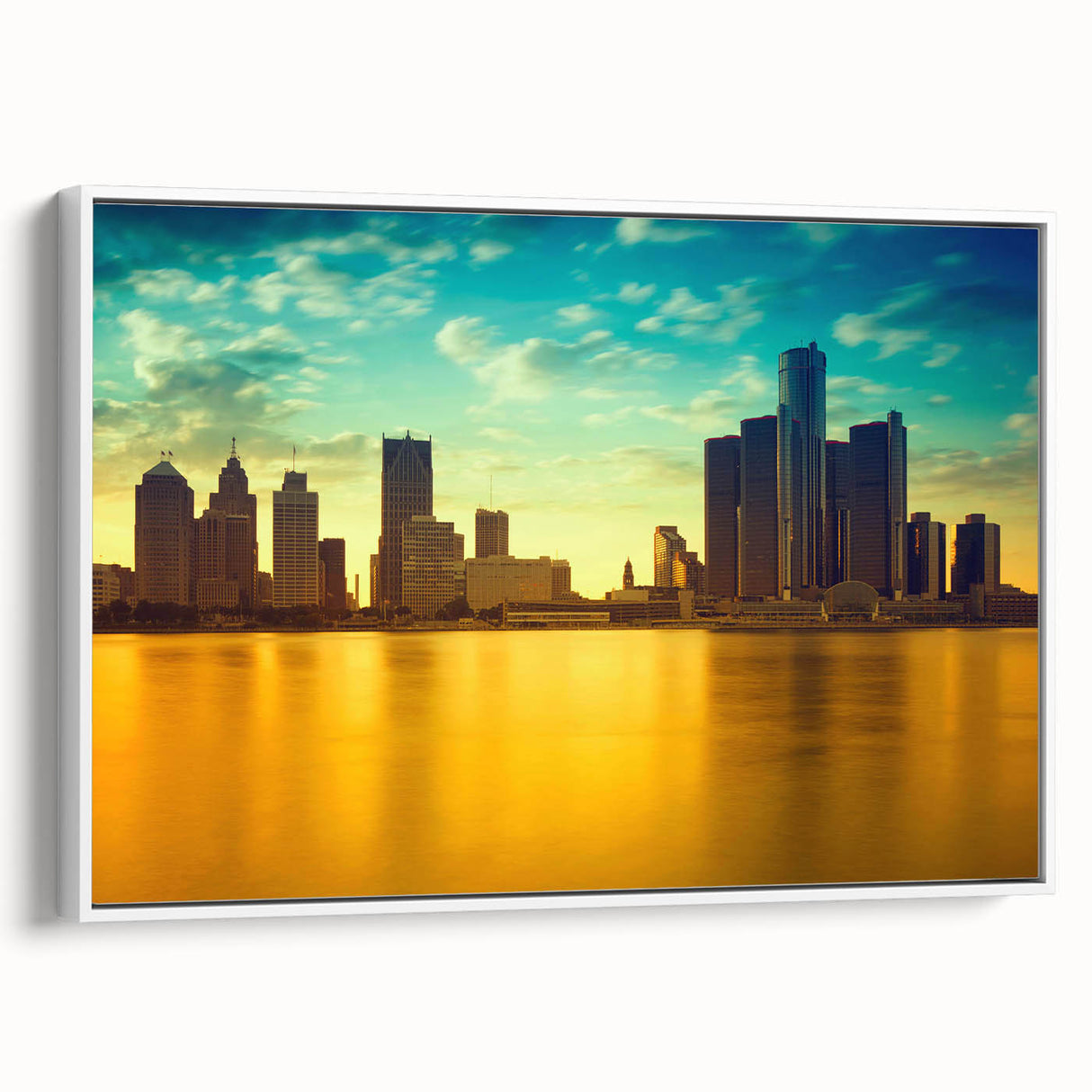 Vintage poster art of Detroit skyline in vibrant colors on a large framed canvas, suitable for living room decor.