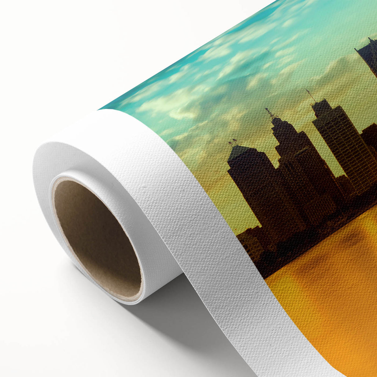 Art deco style poster of Detroit skyline in muted gray and blue tones on rolled canvas, ideal for nursery wall art.