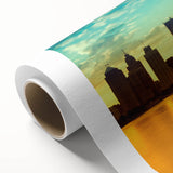 Art deco style poster of Detroit skyline in muted gray and blue tones on rolled canvas, ideal for nursery wall art.