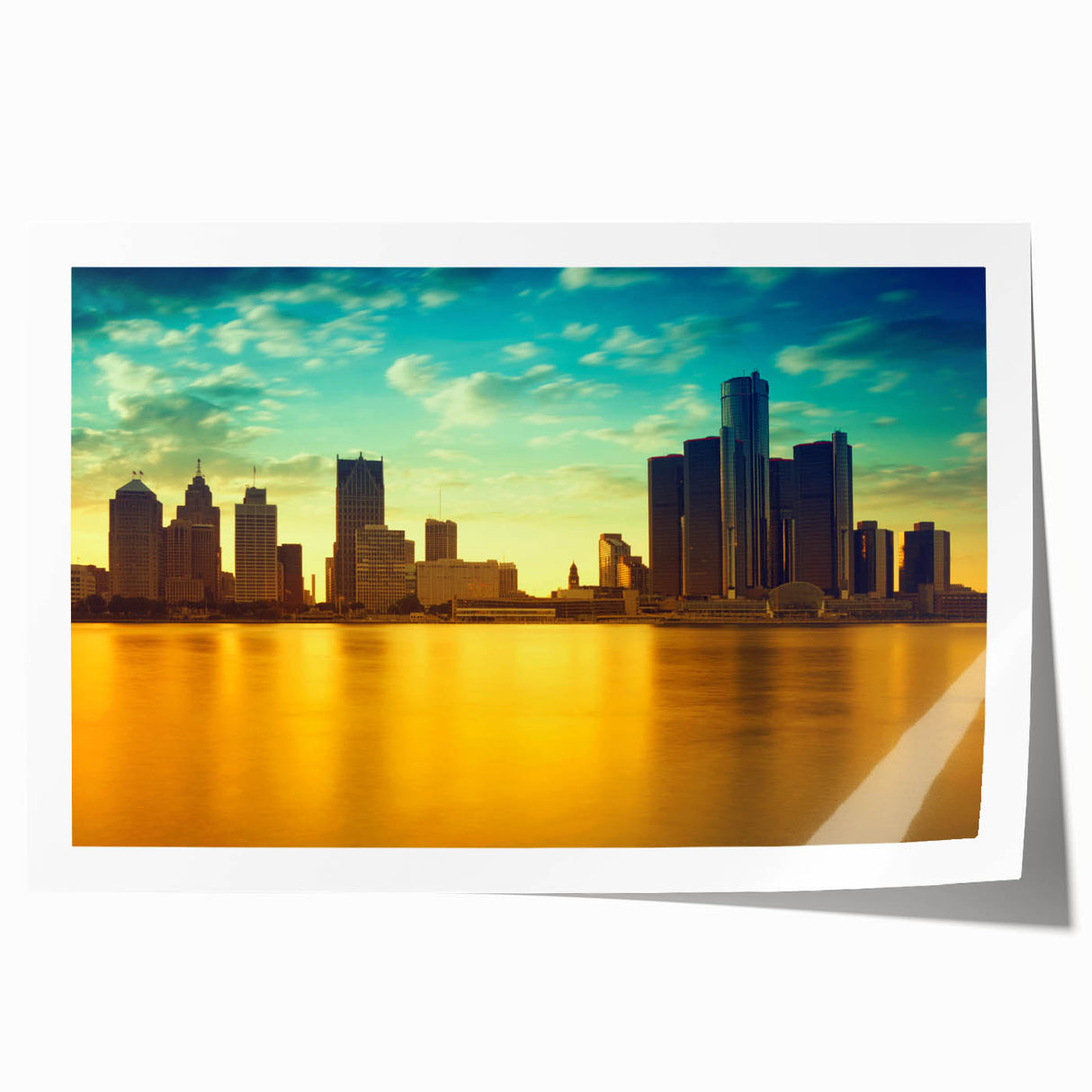 Extra large rolled print of Detroit skyline with muted gray and blue tones, suitable for dining room wall art.