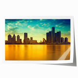 Extra large rolled print of Detroit skyline with muted gray and blue tones, suitable for dining room wall art.