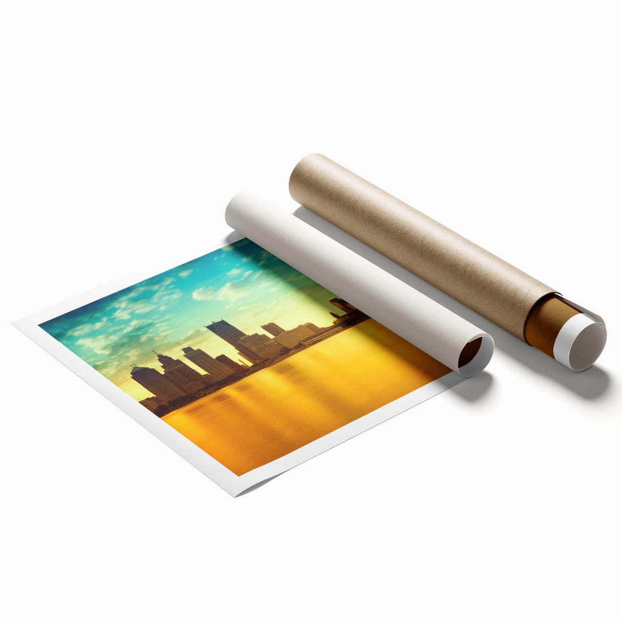 Extra large rolled print of a Detroit skyline with muted gray and floral accents, suitable for classy bathroom wall art.