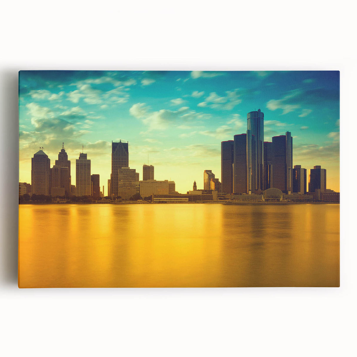 Black and white panoramic view of Detroit skyline on large stretched canvas, suitable for kitchen wall art.