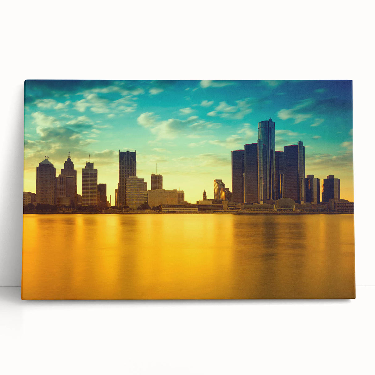 Large black and white stretched canvas of Detroit skyline, ideal for kitchen wall art or bedroom ambiance.