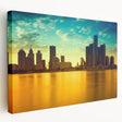 Detroit skyline depicted in vibrant twilight hues on a large stretched canvas, suitable for kitchen wall art.