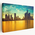 Detroit skyline depicted in vibrant twilight hues on a large stretched canvas, suitable for kitchen wall art.
