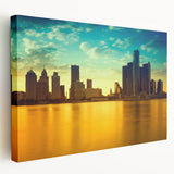 Detroit skyline depicted in vibrant twilight hues on a large stretched canvas, suitable for kitchen wall art.