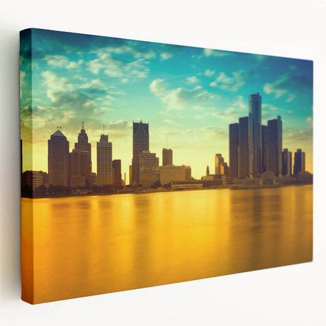 Detroit skyline depicted in vibrant twilight hues on a large stretched canvas, suitable for kitchen wall art.