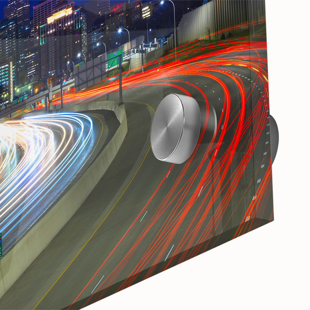 Large abstract wall art of Minneapolis skyline in muted blues and grays on acrylic glass, ideal for dining room art.
