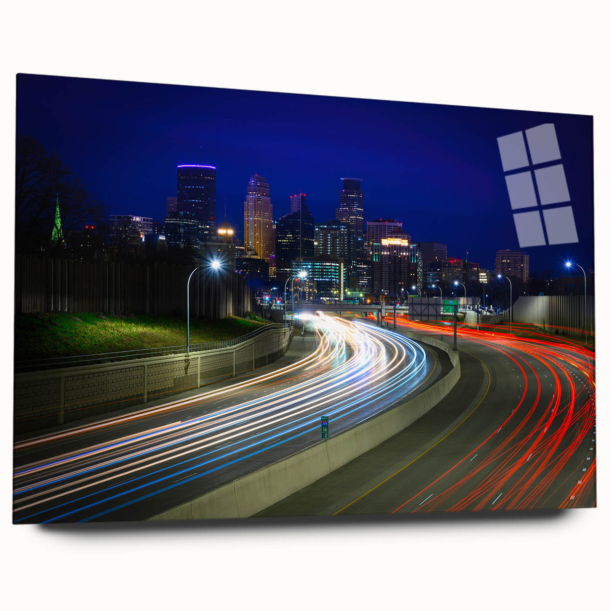 Acrylic print of large abstract Minneapolis skyline in cool blue tones, ideal for bedroom or dining room art.