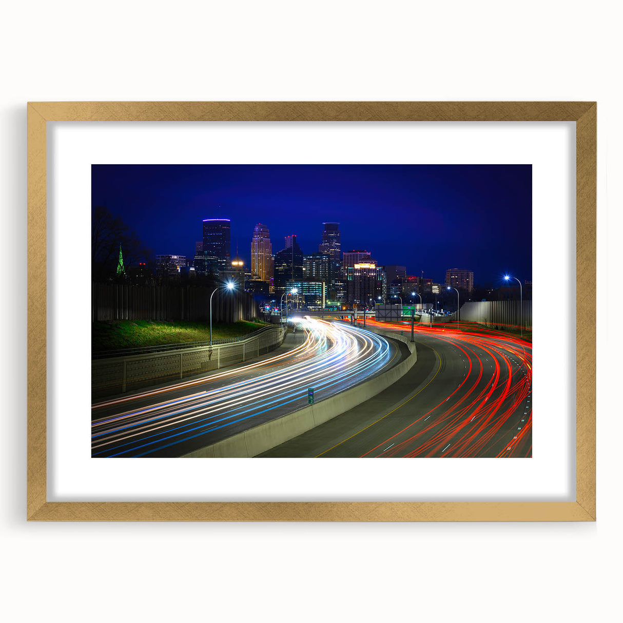 Textured abstract art print of Minneapolis skyline in muted gray and blue tones on a framed canvas, suitable for bedroom art.