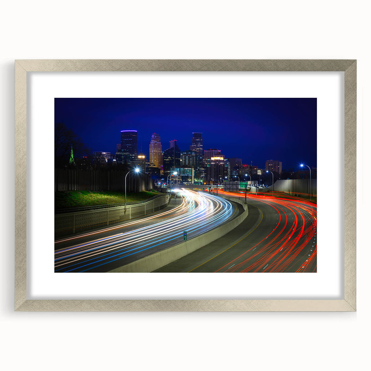 Extra large abstract art print of Minneapolis scenery in muted colors, framed in silver, ideal for living room decor.