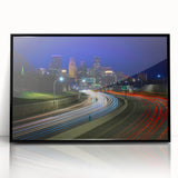 Large abstract wall art of Minneapolis skyline in muted gray and blue tones on a framed acrylic.