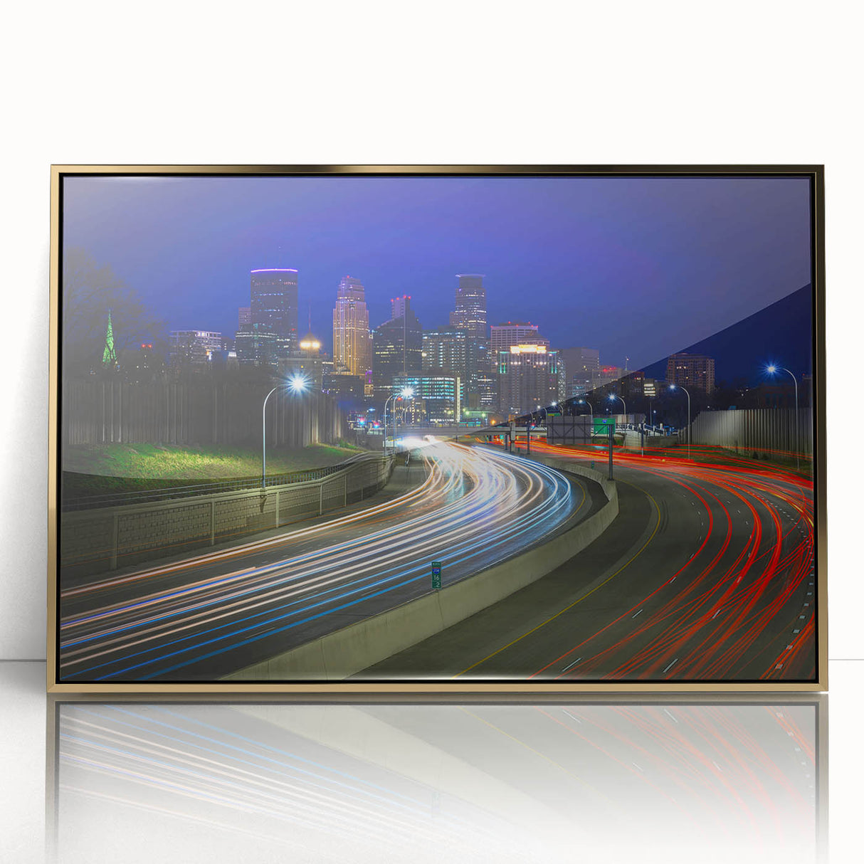 Large art print of Minneapolis skyline with vibrant twilight hues on framed acrylic, ideal for modern art wall decor.