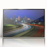 Mid-century modernist art of Minneapolis skyline in muted gray tones on framed acrylic, ideal for modern art wall decor.