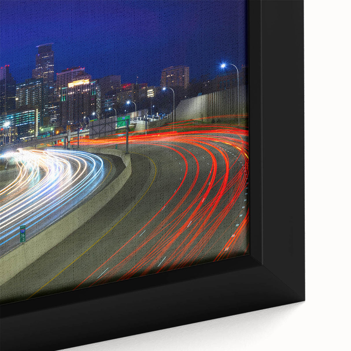 Extra large framed canvas of a textured Minneapolis skyline in black with colorful highlights, ideal for living room decor.