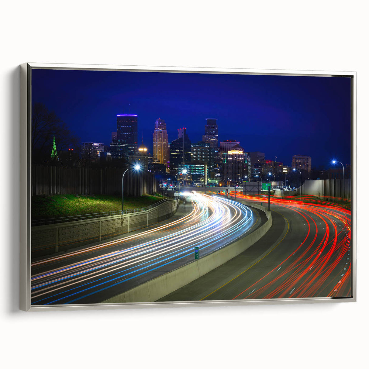 Framed canvas featuring a black and white vintage poster of the Minneapolis skyline, ideal for bedroom wall art.