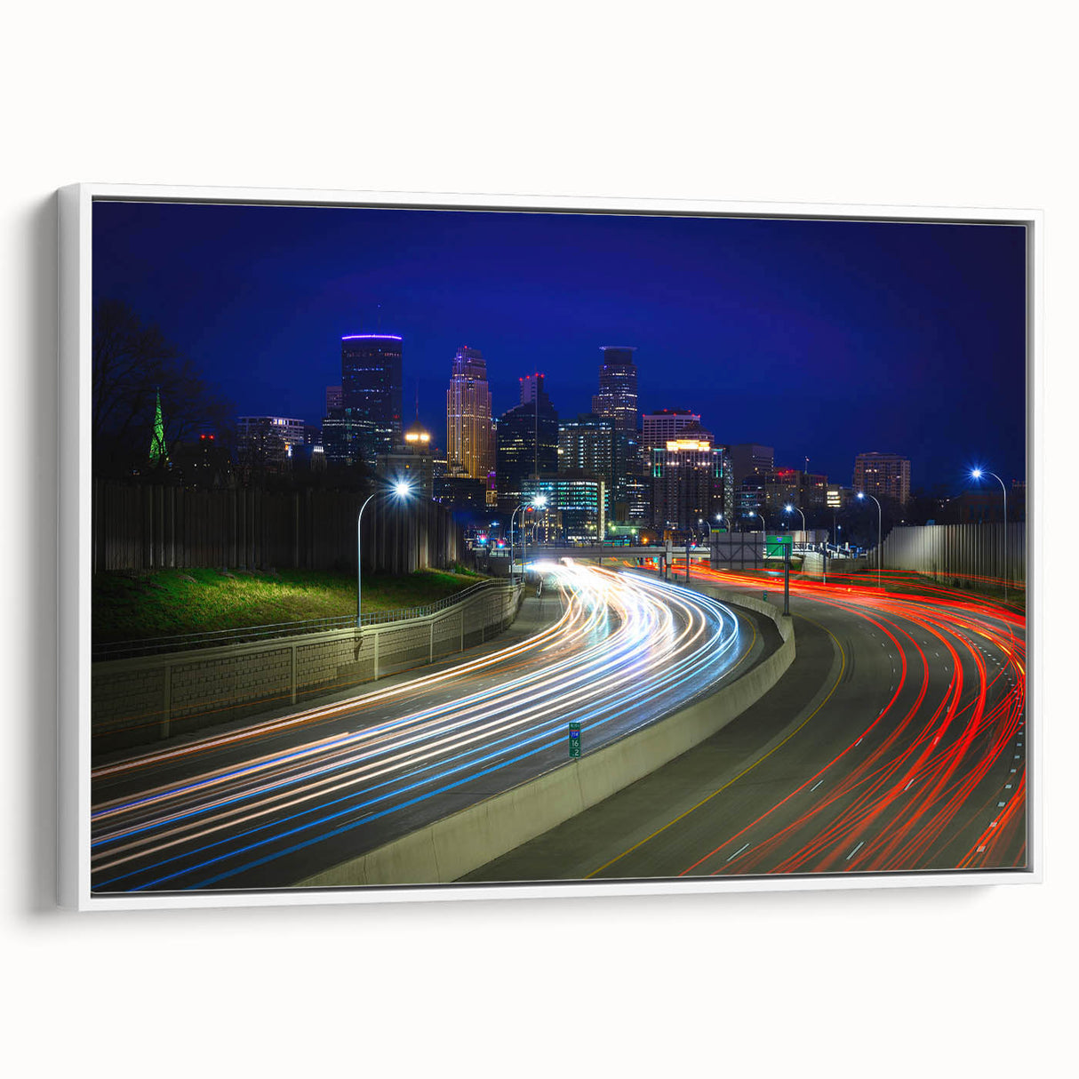 Vintage poster art of Minneapolis skyline in colorful hues on extra large framed canvas, suitable for living room decor.
