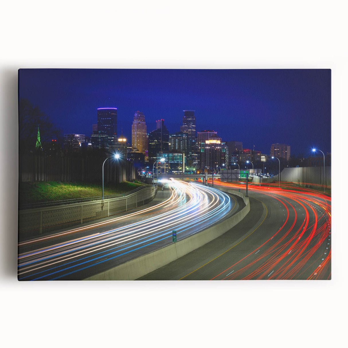 Large art of Minneapolis skyline in black and white on stretched canvas, ideal for bedroom wall decor.