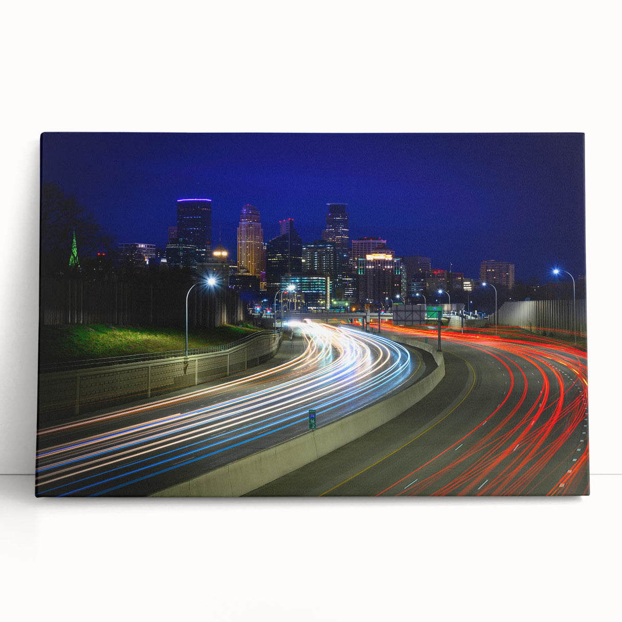 Black and white stretched canvas of Minneapolis skyline, ideal for kitchen wall art or bedroom ambiance.