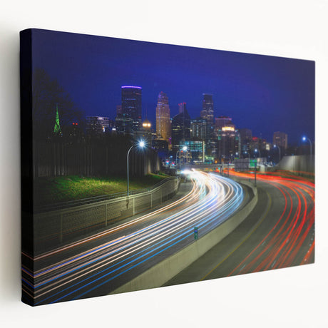 Large art print of Minneapolis skyline in muted blues and grays on stretched canvas, suitable for kitchen wall art.