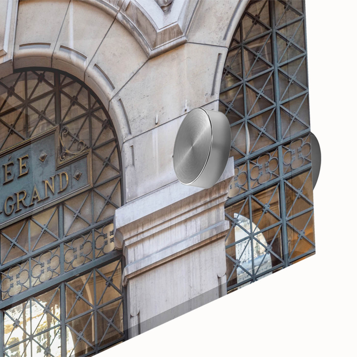 Large abstract depiction of St. Louis skyline in muted gray and blue tones on acrylic glass, ideal for dining room art.