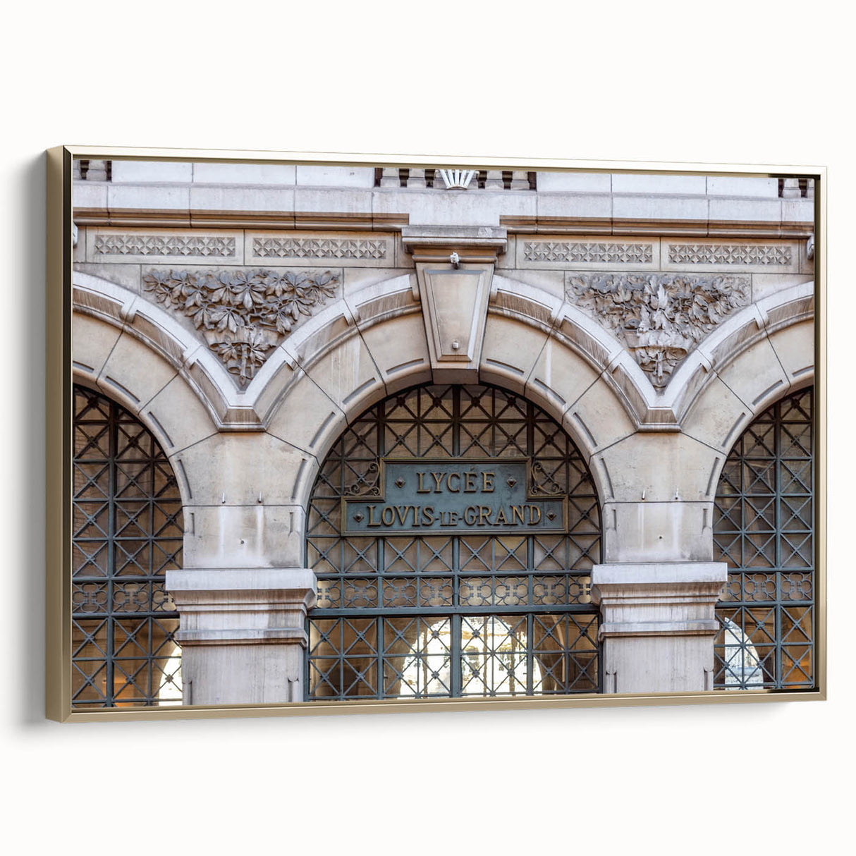 Framed canvas of St. Louis skyline in muted gold and black tones, vintage poster style, ideal for bedroom wall art.