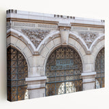 Stretched canvas depicting the St. Louis skyline in muted evening colors, ideal for kitchen wall art.