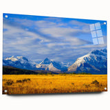 Large abstract wall art of a Montana landscape in muted earth tones on acrylic glass.