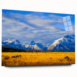 Large abstract depiction of Montana scenery in muted earth tones on acrylic glass, suitable for bedroom or dining room art.