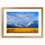 Extra large abstract art print featuring a textured Montana landscape in muted earth tones, framed in gold.