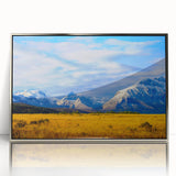 Mid-century modernist art depicting a serene Montana landscape in muted earth tones, framed acrylic.