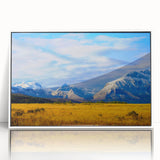 Art deco poster of Montana scenery in muted green and blue tones on framed acrylic, suitable for modern nursery wall decor.