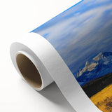 Art deco poster of Montana scenery in muted green and blue tones on rolled canvas, ideal for nursery wall art.