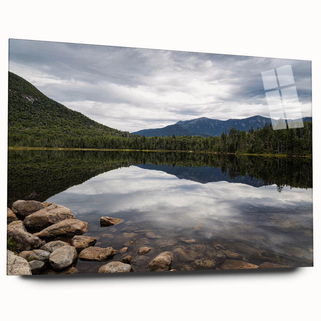Large abstract wall art depicting a serene New Hampshire landscape in muted blues and greens, acrylic print.
