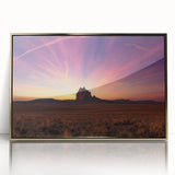 Large art print of a New Mexico landscape in mid-century modernist style, featuring earthy tones on a framed acrylic.