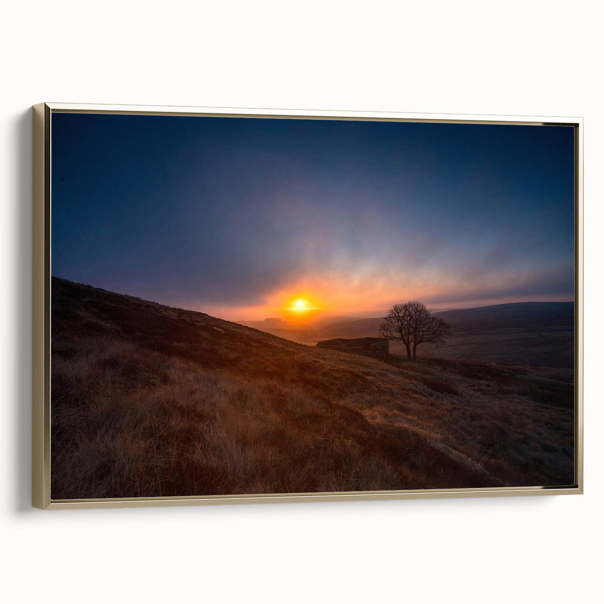 Framed canvas of Charlotte, North Carolina skyline in black and gold tones, suitable for bedroom wall art.