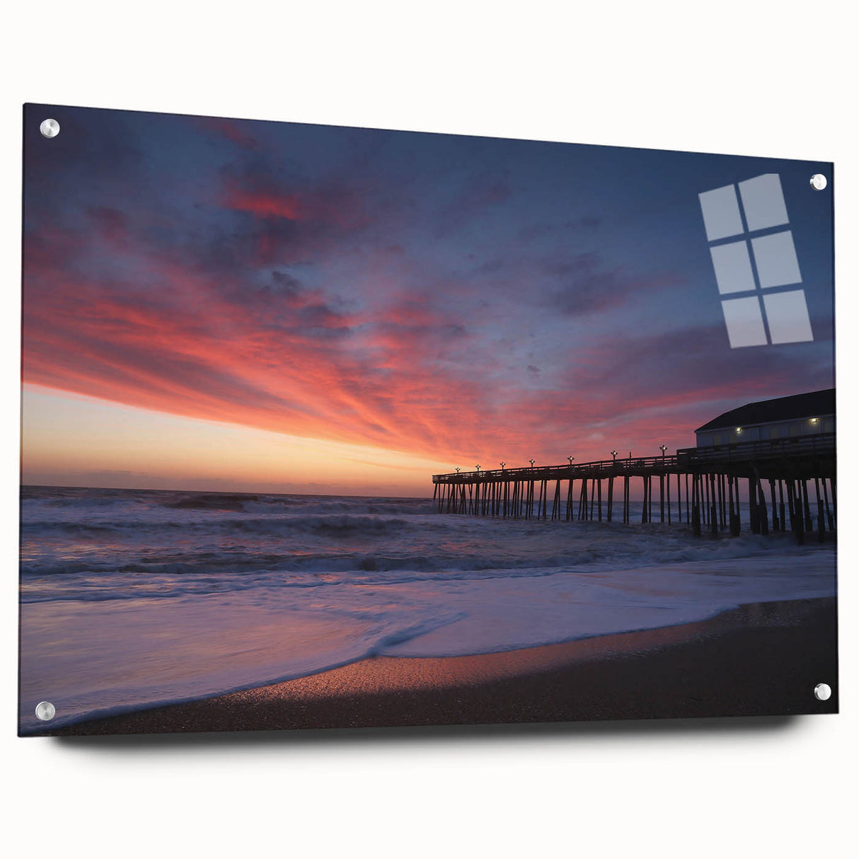 Acrylic print of Outer Banks scenery with vibrant blue and sandy tones, suited for dining room decor.