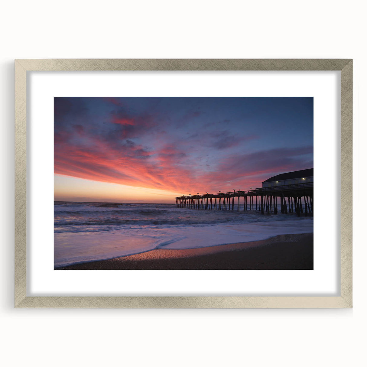 Textured art depicting the Outer Banks, North Carolina in muted earth tones on a framed silver mat.