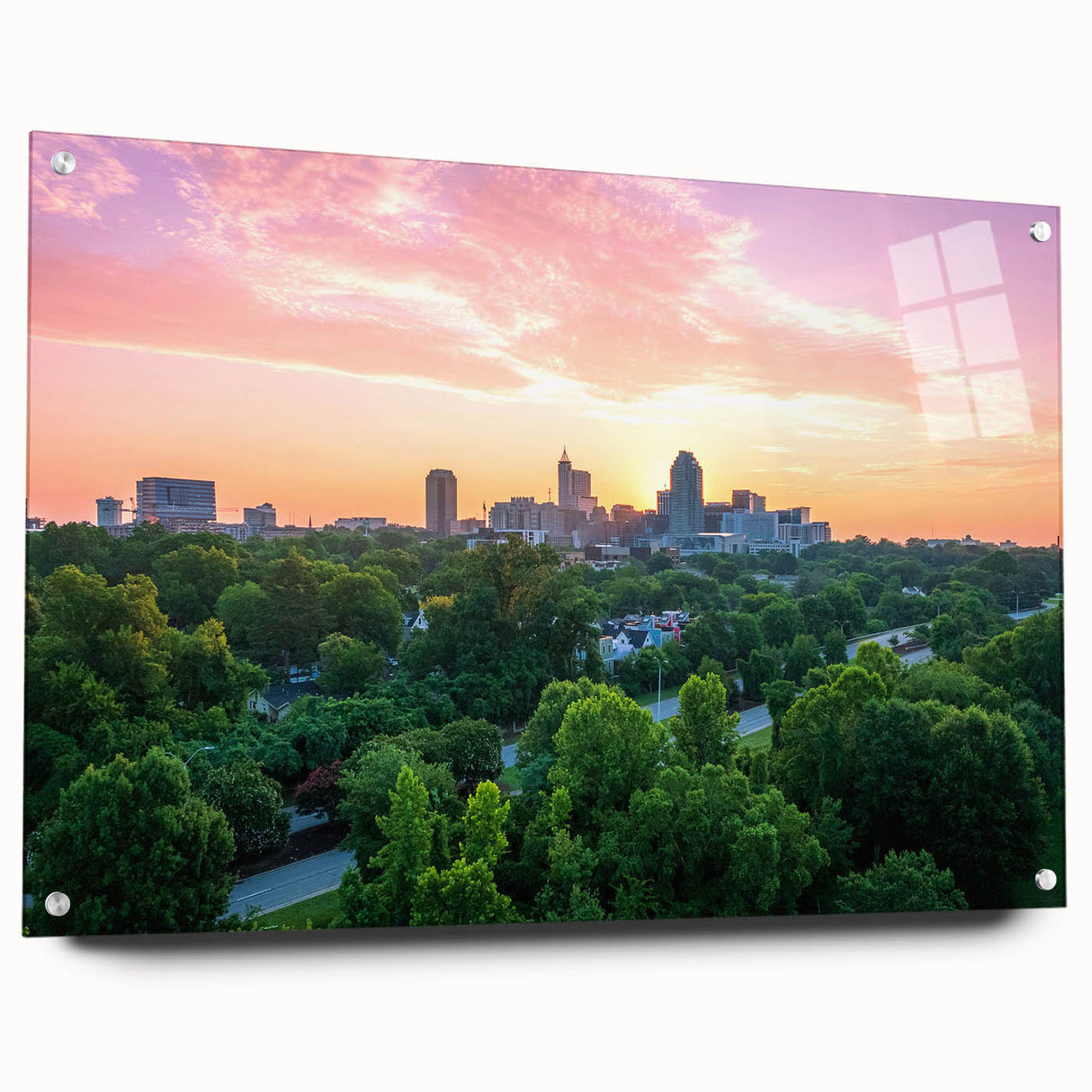 Acrylic print of abstract Raleigh, North Carolina skyline in muted gray and blue tones, ideal for dining room decor.